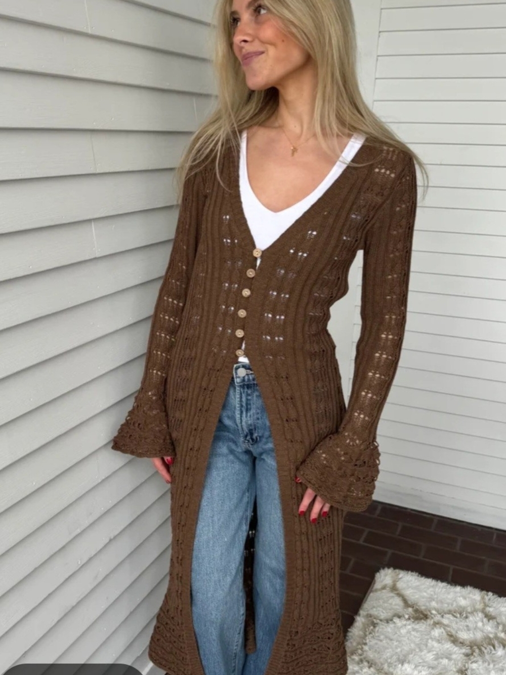 NWOT Listicle Brown Long Knit Button-Front Cardigan - Picture 2 of 6